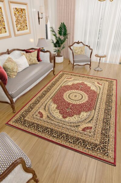 İran Halısı Bordürlü Madalyon Motifli Sık Dokuma Kırmızı Oturma Odası Halısı Salon Halısı