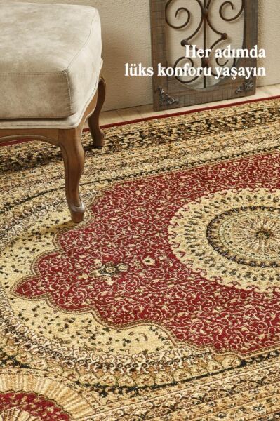 İran Halısı Bordürlü Madalyon Motifli Sık Dokuma Kırmızı Oturma Odası Halısı Salon Halısı