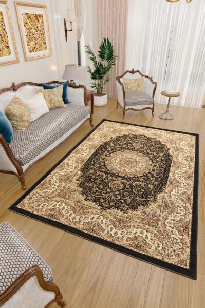 İran Halısı Bordürlü Madalyon Motifli Sık Dokuma Siyah Bej Oturma Odası Halısı Salon Halısı