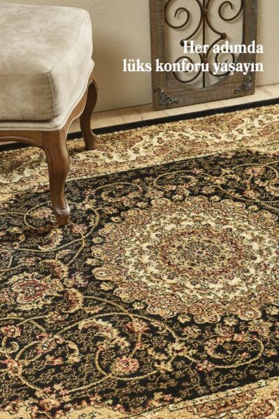 İran Halısı Bordürlü Madalyon Motifli Sık Dokuma Siyah Bej Oturma Odası Halısı Salon Halısı