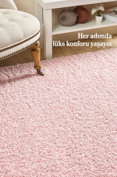 Tek Renk Desensiz Pembe Yumuşak Post Peluş Shaggy Halı Salon Oturma Odası Yolluk Mutfak Halısı