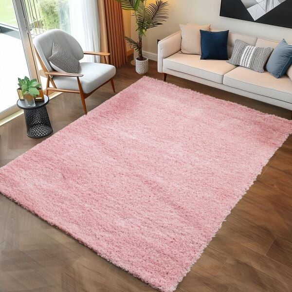 Tek Renk Desensiz Pembe Yumuşak Post Peluş Shaggy Halı Salon Oturma Odası Yolluk Mutfak Halısı