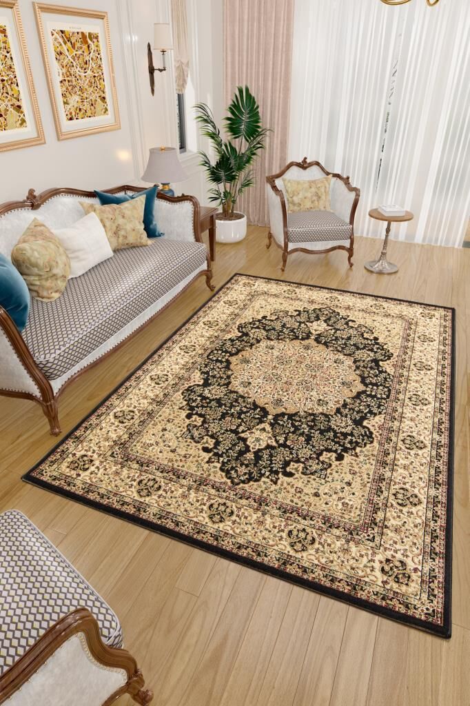 İran Halısı Bordürlü Madalyon Motifli Sık Dokuma Siyah Oturma Odası Halısı Salon Halısı