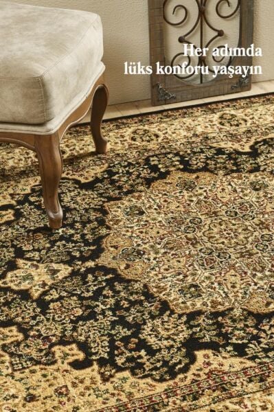 İran Halısı Bordürlü Madalyon Motifli Sık Dokuma Siyah Oturma Odası Halısı Salon Halısı