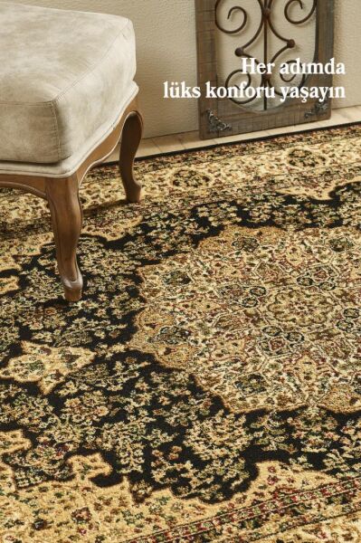 İran Halısı Bordürlü Madalyon Motifli Sık Dokuma Siyah Oturma Odası Halısı Salon Halısı