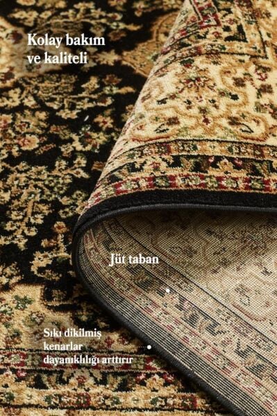 İran Halısı Bordürlü Madalyon Motifli Sık Dokuma Siyah Oturma Odası Halısı Salon Halısı