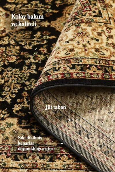 İran Halısı Bordürlü Madalyon Motifli Sık Dokuma Siyah Oturma Odası Halısı Salon Halısı